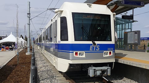 A Siemens SD-160 light rail vehicle at South Campus/Fort Edmonton Park Station on the Capital Line. 