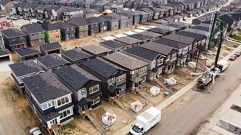 Drone image of houses under construction in a west Edmonton neighbourhood. 