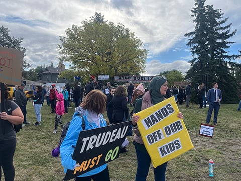About 125 people attended the One Million March for Children on the grass area at the southeast corner of 111 Ave. NW and 142 St. NW in Edmonton to protest for parental rights. 