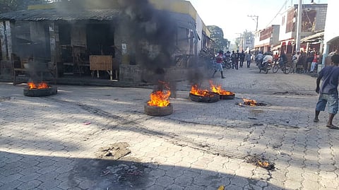 Tires set on fire by protesters in Hinche in February 2019