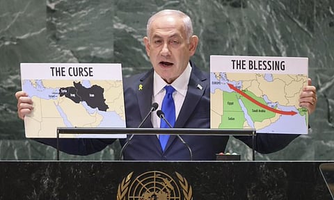 Israeli Prime Minister Benjamin Netanyahu speaking at the UN General Assembly September 27, 2024