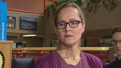 Marni Panas speaks to reporters at Edmonton Police Service Headquarters in a 2017 file photo.