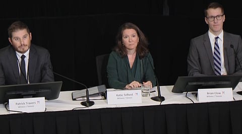Prime Minister Justin Trudeau’s chief-of-staff Katie Telford, Patrick Travers, senior global affairs advisor in the PMO and Brian Clow, deputy chief of staff