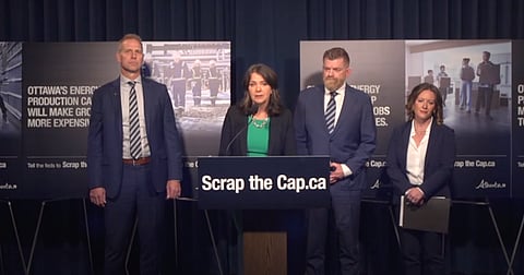 Alberta Premier Danielle Smith, Environment and Protected Areas Minister Rebecca Schulz, and Energy and Minerals Minister Brian Jean shared an update on the province's response to the Canadian government's proposed oil and gas emissions cap. 