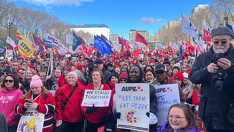 About 8,100 people protested at the Rally for Respect on the Alberta Legislature Grounds in Edmonton to support unions. 