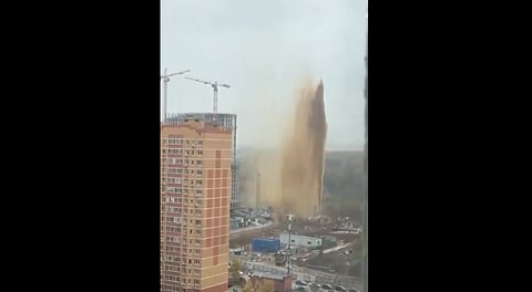 Sewage shooting out of the sewage system in Moscow. 