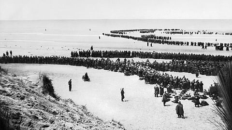 British forces line up at Dunkirk to await their evacuation, May 1940