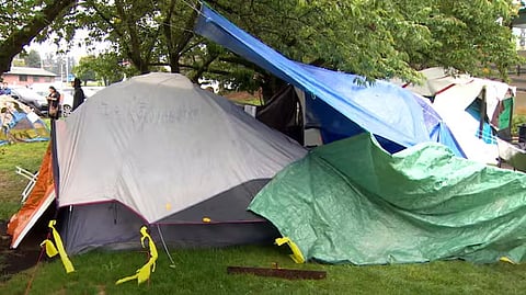 A homeless encampment outside Abbotsford City Hall