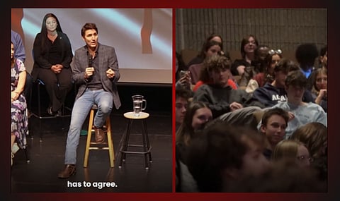 Prime Minister Justin Trudeau speaking to high school kids in New Brunswick