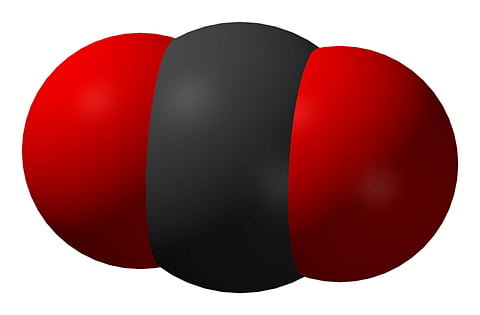 CO2... an atom of carbon and two of oxygen