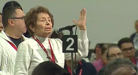 An indigenous elder questions Prime Minister Justin Trudeau during the Assembly of First Nations’ three-day special assembly of chiefs in Ottawa.