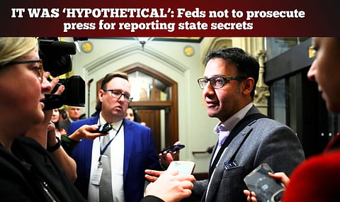 Attorney General Arif Virani talking to reporters on Parliament Hill 