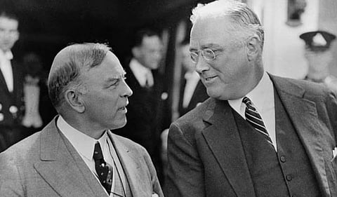 Canadian Prime Minister William Lyon Mackenzie King with US President Franklin Delano Roosevelt during the Second World War. Canada has never been much interested in its own defence; when the British could no longer protect this country, Roosevelt began 80 years of the Americans subsidizing the defence of Canada. Now, President-elect Trump is calling us on it
