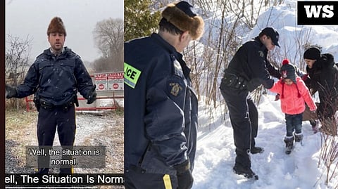 Officers assisting illegal immigrants into Canada at Roxham Rd., Quebec. Writer Riley Donovan says two thirds of Canadians now favour lower immigration.