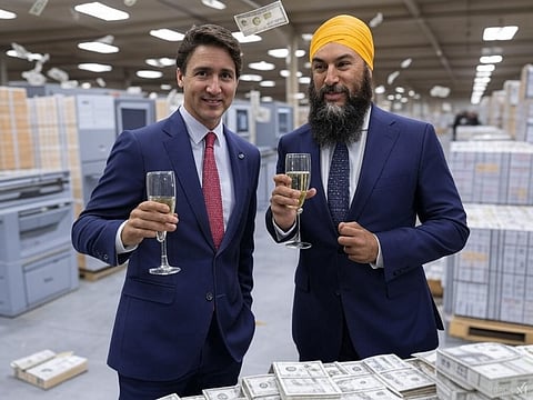A fictional rendering of Justin Trudeau and federal NDP leader Jagmeet Singh 