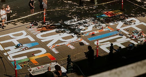 rtists representing BIPOC (“black, indigenous and people of colour”) paint a mural at Bastion Square in Victoria, August 2020. The acronym ACAB (all cops are bastards) was included in the design, then removed under protest. (Facebook)