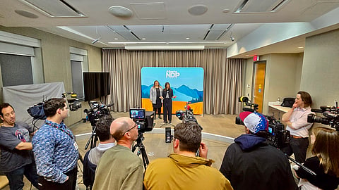 Alberta NDP MLAs Sarah Hoffman and Rakhi Pancholi speak with media in Edmonton 