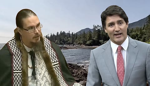 Haida Nation President Gaagwiis Jason Alsop and Prime Minister Justin Trudeau