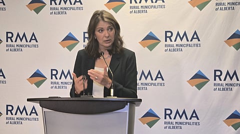 Alberta Premier Danielle Smith speaks with reporters in Edmonton 