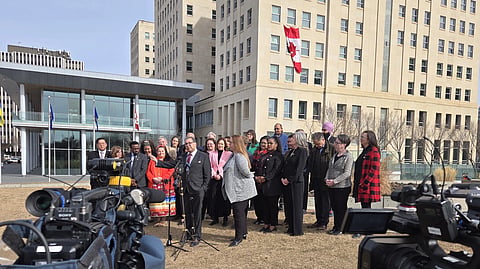 Alberta NDP leader Naheed Nenshi and NDP MLAs hold a protest press conference outside the QE II building near the Alberta Legislature on Tuesday 