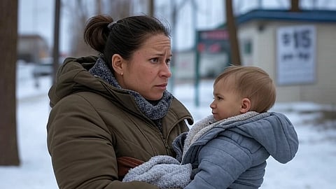 A rendering of a parent carrying a child 