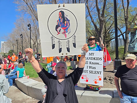 An indigenous counter-protester at an Alberta independence rally at the Alberta Legislature in May, 2025