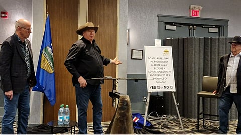 An Alberta independence group unveils their proposed referendum question. Left to right, Mitch Sylvestre, Jeff Rath, LaVar Payne