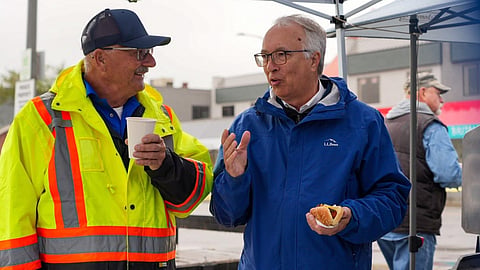 B.C. Conservative leader John Rustad talks to supporters in Cranbrook on a tour of communities in June. Party members are voting this summer and fall on whether his leadership should continue after a narrow loss in the October 2024 election. 
