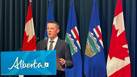 Nate Horner discussing the fiscal budget at a press conference in Calgary on Friday. 