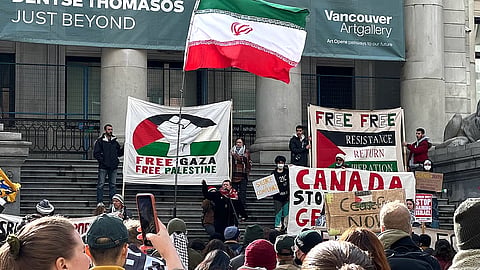 Samidoun co-founder Charlotte Kates leads a protest in Vancouver