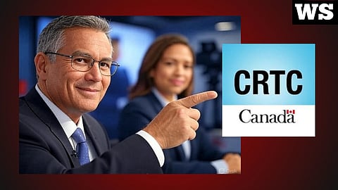 Broadcaster pointing at CRTC sign