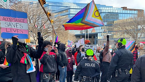 Counterprotestors recited chants such as “Trans rights are human rights” and “Love is love”