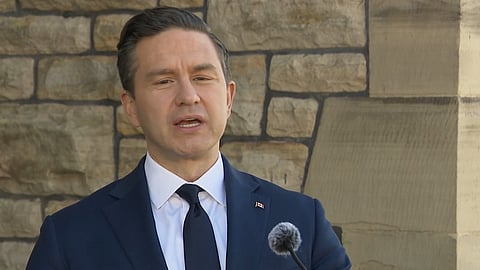 Conservative leader Pierre Poilievre speaking to reporters outside parliament on Thursday
