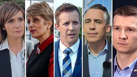 Calgary mayoral candidates Sonya Sharp, Jyoti Gondek, Jeff Davison, Brian Thiessen, Jeromy Farkas