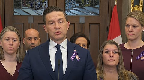 Conservative leader Pierre Poilievre speaking with reporters about Bailey's Law in Ottawa