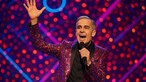 A stylized image of someone who looks like Prime Minister Mark Carney singing