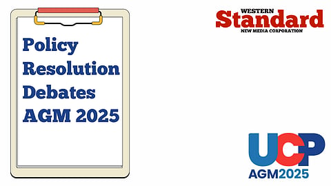 A clipboard labelled with the policy resolutions up for debate at the UCP AGM.