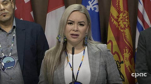 Acting Chief Teri Vellibrun of the Athabasca Chipewyan First Nation at a press conference in Ottawa on Thursday. 