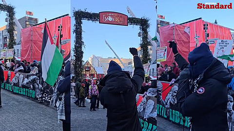 Pro-Palestinian protestors at the entrance to a Montreal Christmas Market. 
