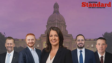Mike Ellis, Mickey Amery, Danielle Smith, Demetrios Nicolaides, and Nate Horner in front of the Alberta Legislature Building.