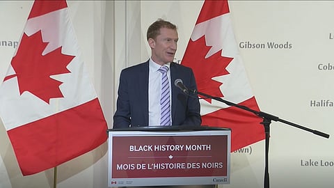 Culture Minister Marc Miller speaking in Nova Scotia on Monday
