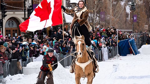 Skijoring in downtown Banff during the SnowDays festival