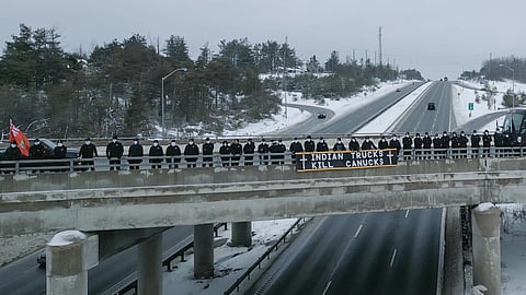 Nationalist group Second Sons of Canada has caused a stir online after the organization posted a photo from a demonstration it held on an Ontario overpass to protest road deaths caused by what they allege are Indian truck drivers.