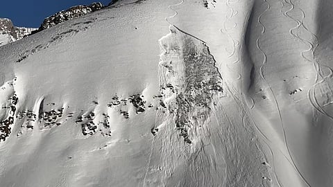 Aftermath of the avalanche in which a backcountry skier got dragged down the mountain