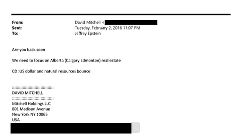 Email from New York real estate broker David Mitchell to Epstein discussing Alberta real estate