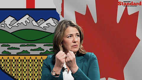 Danielle Smith placed in front of a partial Canadian and Alberta flag. 