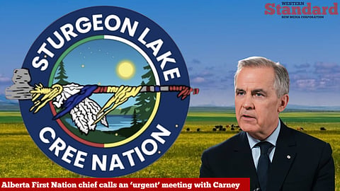 The Sturgeon Lake Cree Nation logo is next to Mark Carney in front of the plains of Alberta. 