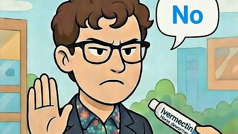 A cartoon of MLA Janis Irwin saying "No" to Ivermectin.