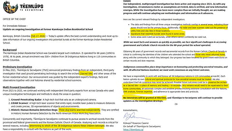 Press release from office of the Chief of Tk̓emlúps te Secwépemc First Nation in Kamloops, B.C.