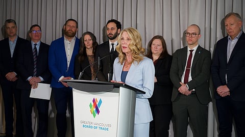 Greater Vancouver Board of Trade President and CEO Bridgitte Anderson flanked by BC business leaders